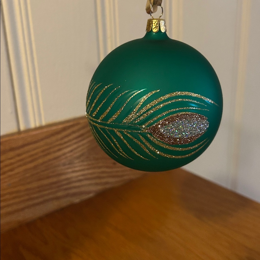 Vintage Green Glass Large Round ornament with glitter peacock feather